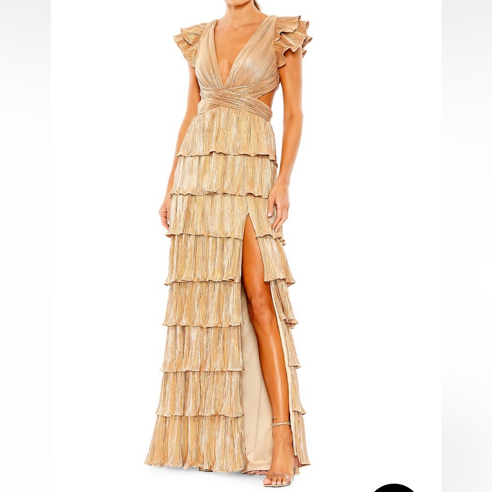Mac Duggal gold tiered formal dress